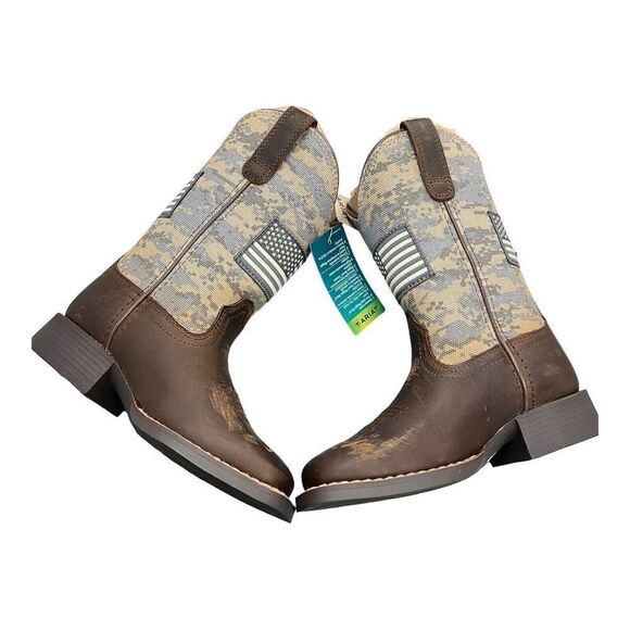 ARIAT BOOTS Kids 8 CAMO PATRIOTIC WESTERN SQUARE TOE CHILDREN USA FLAG Brown - Picture 9 of 11